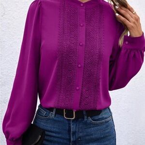 Magenta puff shoulder long sleeve blouse.